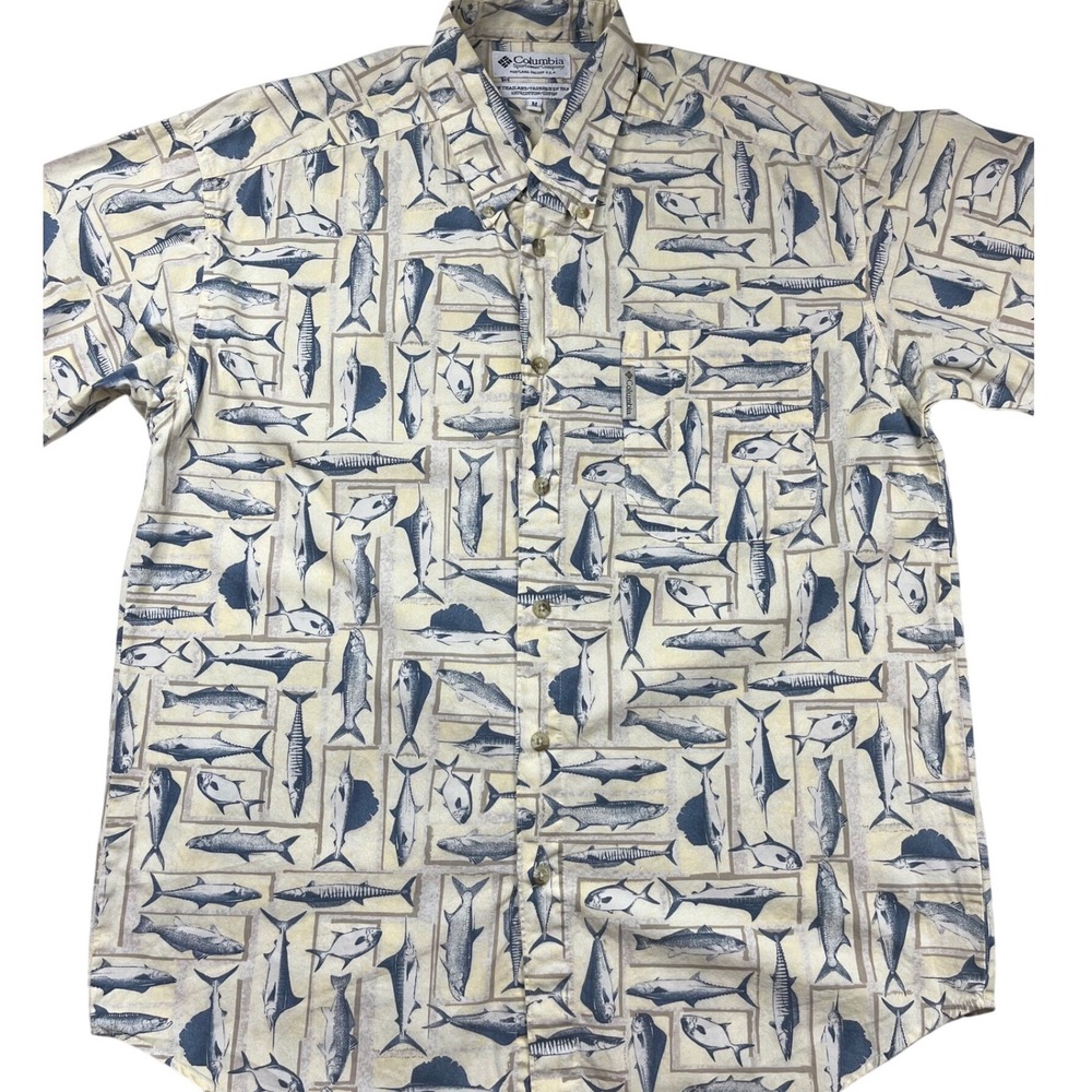 Columbia Mens Fish Print Button Down Shirt Medium Cotton Short Sleeve AM7540